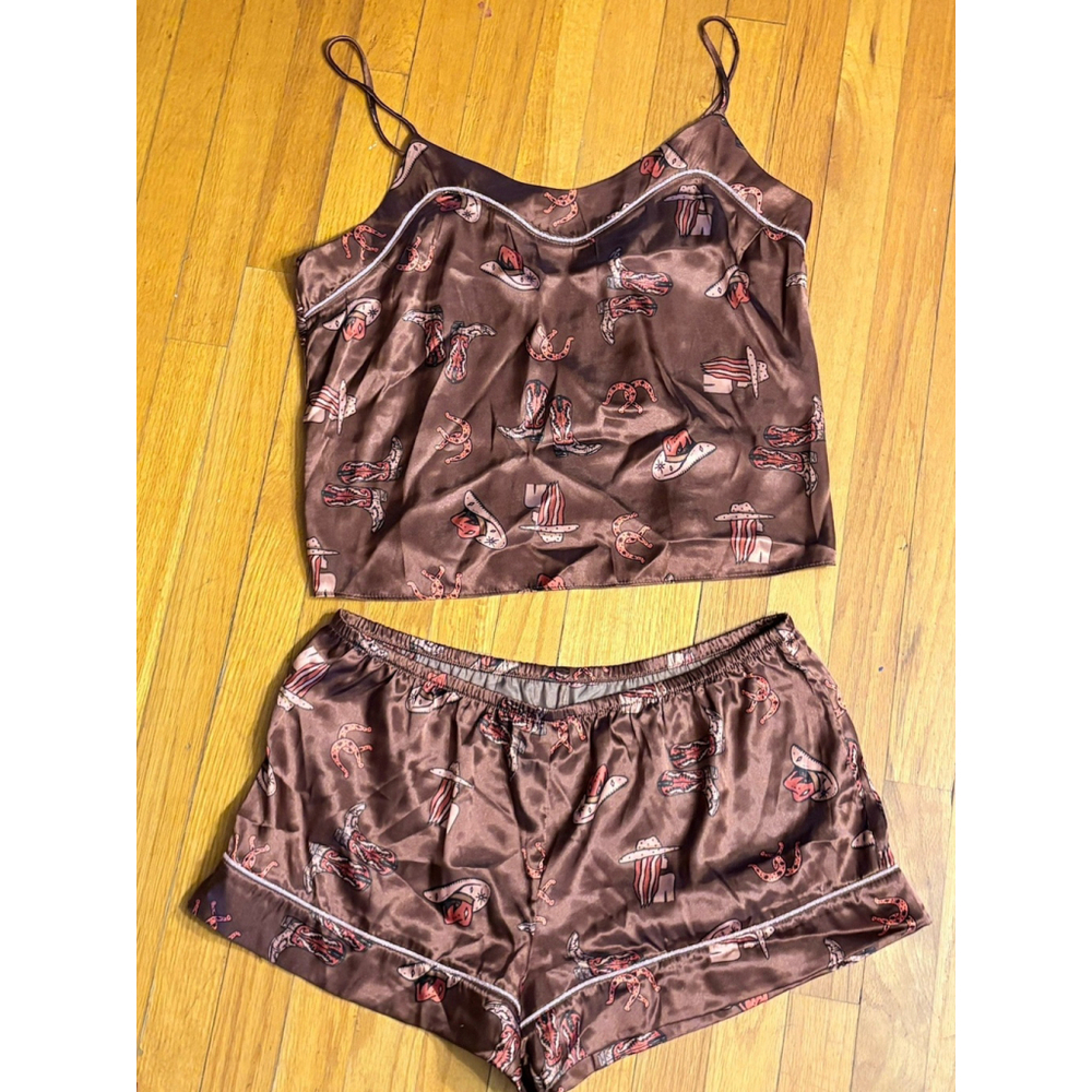 Midnight Bakery Western Satin Pajama Set L Tank Top Shorts Cowboy Print